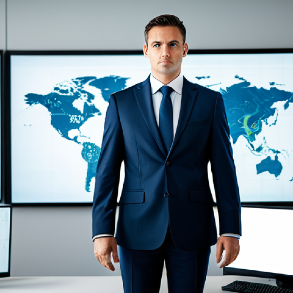A professional, focused cybersecurity expert in a modest business suit, standing in a sleek, modern office environment. The background features abstract, subtle digital network visualisations, symbolizing unseen digital threats and the human element of vigilance. The subject's pose is natural and professional, conveying expertise and alertness. fully clothed, appropriate attire, safe for work, perfect anatomy, correct proportions, natural pose, well-formed hands, proper finger count, natural body proportions, professional photography, high quality, appropriate content, family-friendly.