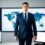 A professional, focused cybersecurity expert in a modest business suit, standing in a sleek, modern office environment. The background features abstract, subtle digital network visualisations, symbolizing unseen digital threats and the human element of vigilance. The subject's pose is natural and professional, conveying expertise and alertness. fully clothed, appropriate attire, safe for work, perfect anatomy, correct proportions, natural pose, well-formed hands, proper finger count, natural body proportions, professional photography, high quality, appropriate content, family-friendly.