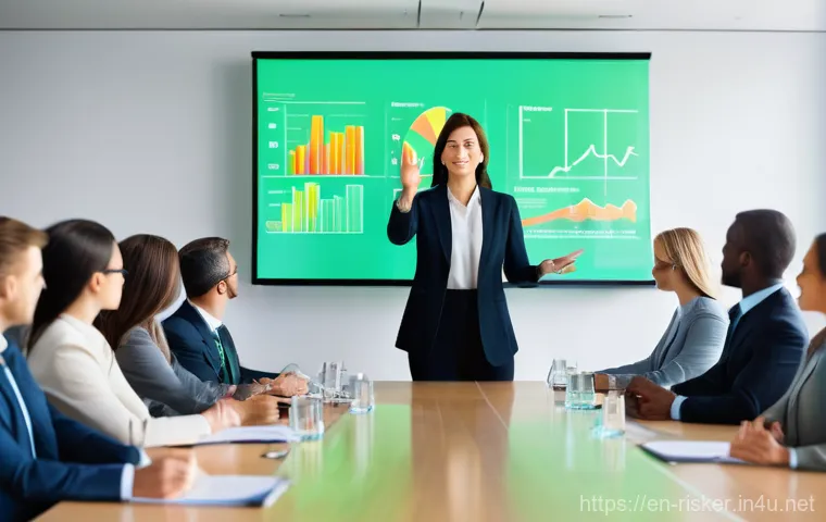 위험관리 사례발표 준비법 - **Prompt 1: Engaging Risk Management Presentation**
    "A diverse group of professionals, including...