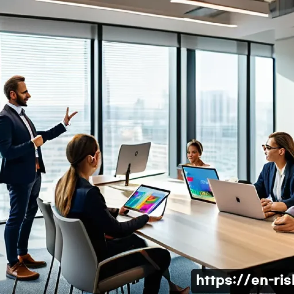 위험관리 현장에서의 커뮤니케이션 전략 - A modern office meeting room scene showing a diverse team engaged in a collaborative discussion arou...