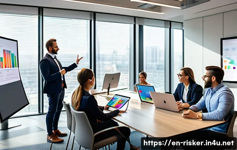 위험관리 현장에서의 커뮤니케이션 전략 - A modern office meeting room scene showing a diverse team engaged in a collaborative discussion arou...