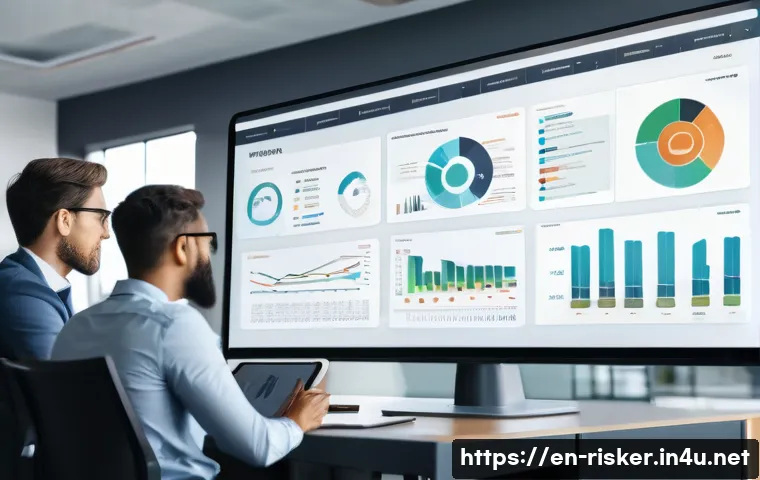 위험관리기술자의 필수 소프트웨어 - A modern office scene showing a diverse team of professionals collaborating around a large digital t...