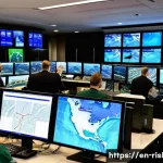 위험관리기술자와 재난대응 시나리오 작성 - A detailed emergency response control room during a natural disaster flood scenario, featuring multi...