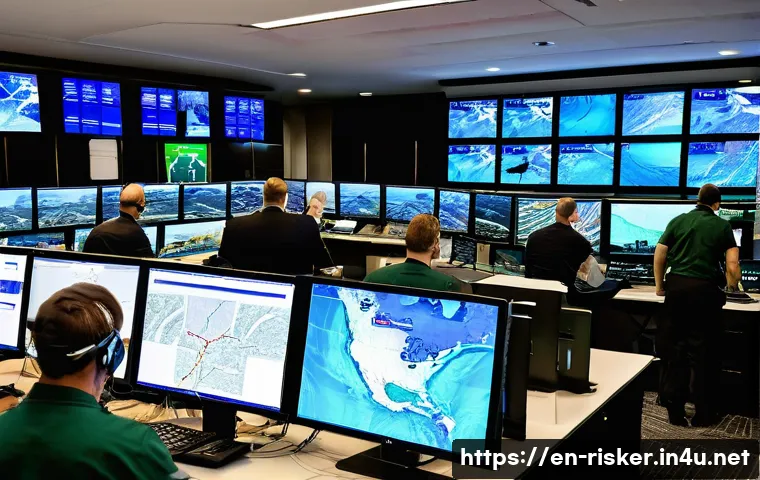 위험관리기술자와 재난대응 시나리오 작성 - A detailed emergency response control room during a natural disaster flood scenario, featuring multi...