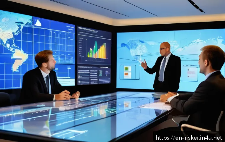 위험관리 직무에서 성장하는 방법 - A professional corporate setting showing a diverse group of risk management experts gathered around ...