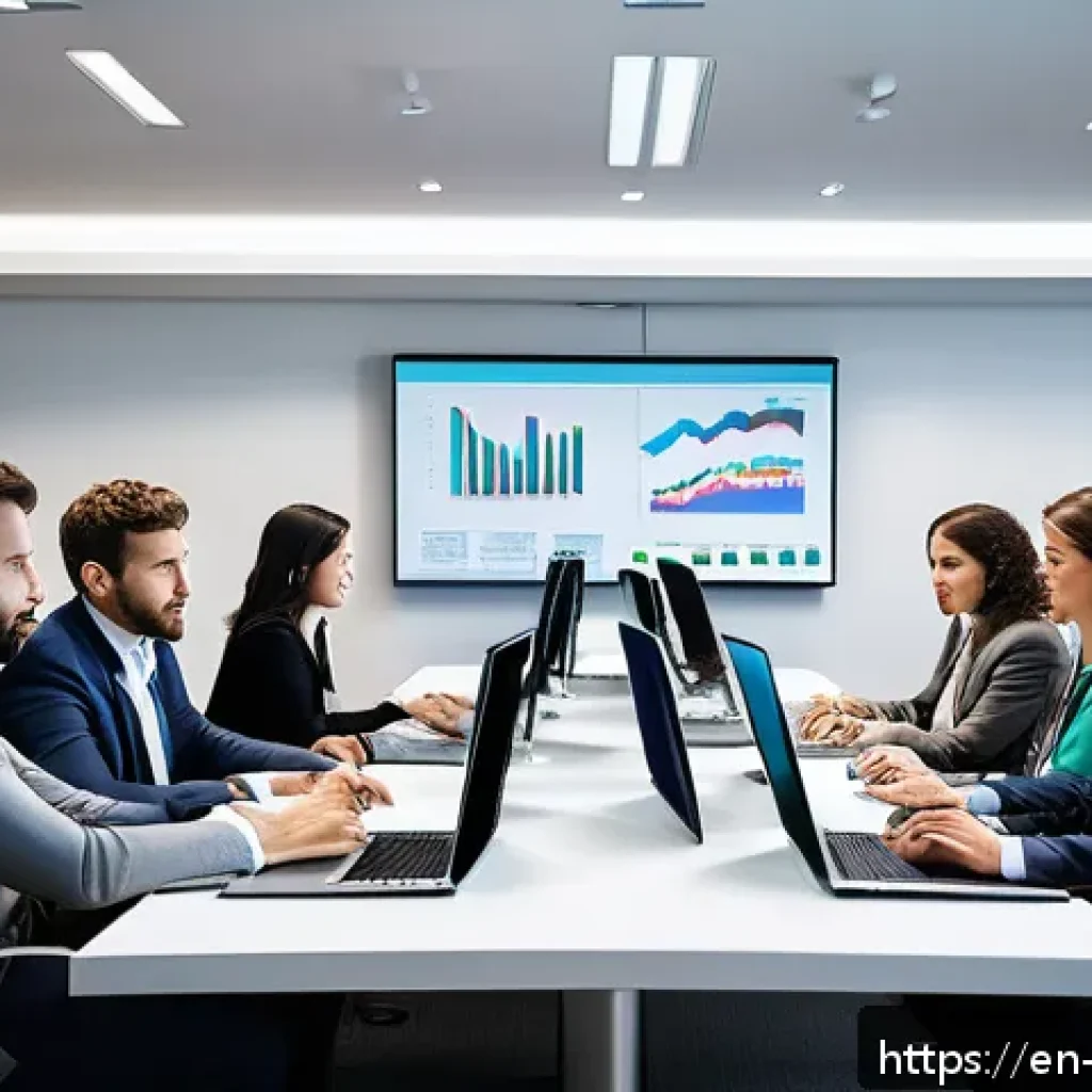 위험관리기술자 경력개발 로드맵 - A modern corporate office environment where a diverse team of professionals collaborates around a la...