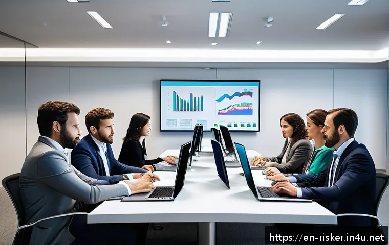 위험관리기술자 경력개발 로드맵 - A modern corporate office environment where a diverse team of professionals collaborates around a la...