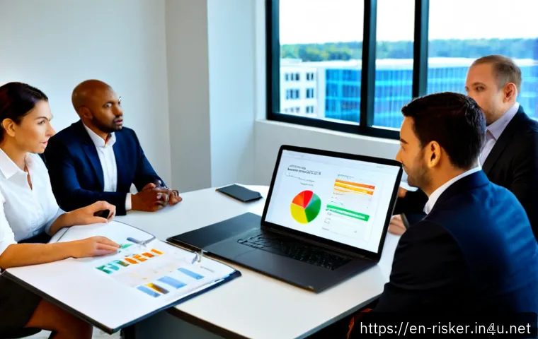위험평가 모델과 실제 적용 사례 - Photorealistic corporate risk assessment meeting in a modern North American office, diverse team of ...